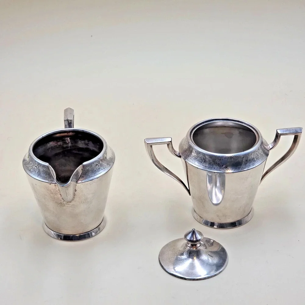 Vintage 1881 Rogers Silver Plate Creamer & Sugar Bowl Set 5016 w/ Lid Art Deco